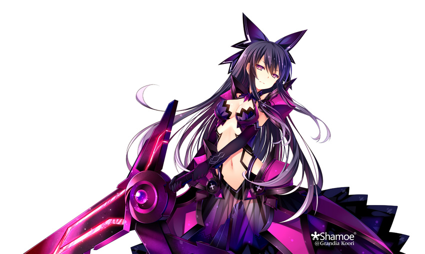 black_gloves black_hair breasts cleavage commentary_request date_a_live elbow_gloves female gloves grandia_bing hair_ribbon holding long_hair looking_at_viewer medium_breasts navel photoshop_(medium) purple_eyes ribbon slit_pupils solo sword third-party_source weapon yatogami_tenka yatogami_tooka