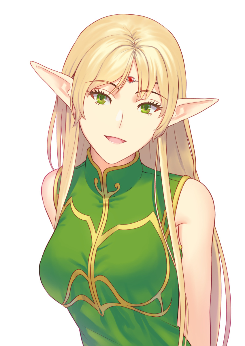 :d arms_behind_back blonde_hair breasts commentary_request deedlit elf fateline_alpha female green_eyes head_tilt highres jewelry long_hair looking_at_viewer medium_breasts open_mouth pointy_ears record_of_lodoss_war shirt simple_background smile solo upper_body very_long_hair white_background