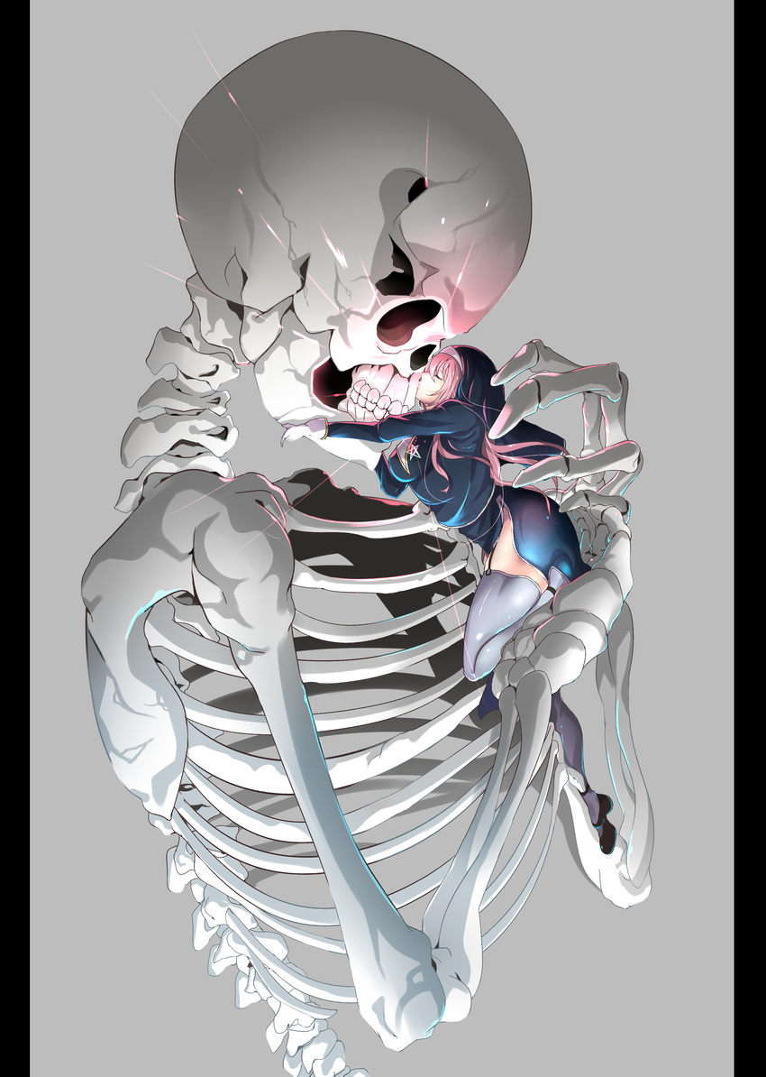 absurdres ass black_thighhighs breasts closed_eyes commentary endou_(zettai_bluenoid) female garter_straps gloves habit highres kissing kissing_skull large_breasts long_hair megurine_luka nun pink_hair project_diva_(series) silence_(module) skeleton skull solo thighhighs vocaloid white_gloves