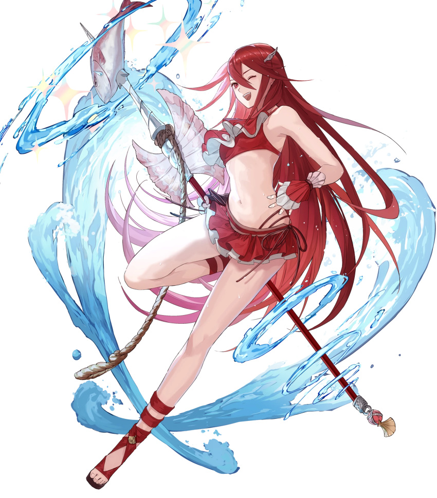 armpits bare_shoulders bikini bikini_skirt breasts cordelia_(fire_emblem) cordelia_(summer)_(fire_emblem) female fingerless_gloves fingernails fire_emblem fire_emblem_awakening fire_emblem_heroes fish full_body gloves hair_ornament high_heels highres holding holding_weapon leg_up long_hair looking_at_viewer mayo_(becky2006) navel non-web_source official_art one_eye_closed open_mouth polearm red_eyes red_hair rope sandals sidelocks small_breasts smile solo sparkle spear swimsuit toeless_footwear transparent_background very_long_hair water weapon