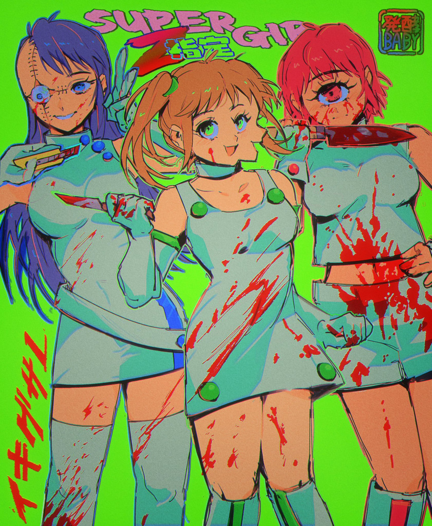 3girls artist_logo asymmetrical_hair babibu_baby belt blonde_hair blood blood_on_clothes blood_on_face blood_on_knife blood_splatter blue_eyes blue_hair boxcutter closed_mouth commentary cyclops dress extra_eyes feet_out_of_frame fingerless_gloves gloves green_background green_eyes grin group_name hands_up highres holding holding_boxcutter holding_knife ichigou_(ikigusare) ikigusare kneehighs knife long_hair midriff multiple_faces multiple_girls multiple_mouths navel nigou_(ikigusare) one-eyed open_mouth red_eyes red_hair reverse_grip sangou_(ikigusare) short_dress short_hair short_shorts shorts side_ponytail sidecut simple_background sleeveless sleeveless_dress smile socks standing stitched_face stitches thighhighs turtleneck turtleneck_dress undercut uneven_eyes v white_belt white_dress white_shorts white_thighhighs