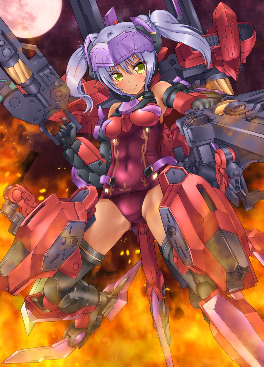 absurdres bare_shoulders blush breasts dark-skinned_female dark_skin derivative_work female fire frame_arms_girl green_eyes grey_hair gun headgear highres hresvelgr_rufus looking_at_viewer mecha_musume medium_breasts oooqqq redrawn school_swimsuit smile solo swimsuit thighhighs twintails weapon