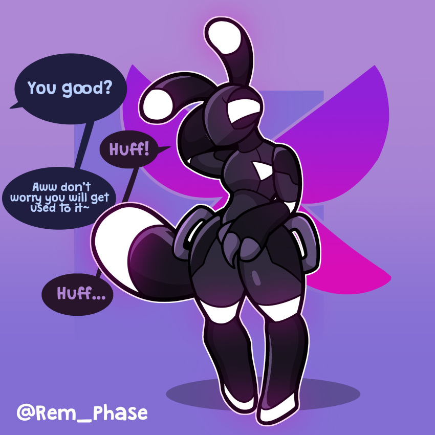 1:1 2022 ambiguous_gender antennae_(anatomy) anthro arthropod arthropod_abdomen black_latex clothing dialogue drone english_text handles_on_hips hi_res insects latex latex_clothing latex_skinsuit rem_phase simple_background skinsuit solo speech_bubble standing text tight_clothing