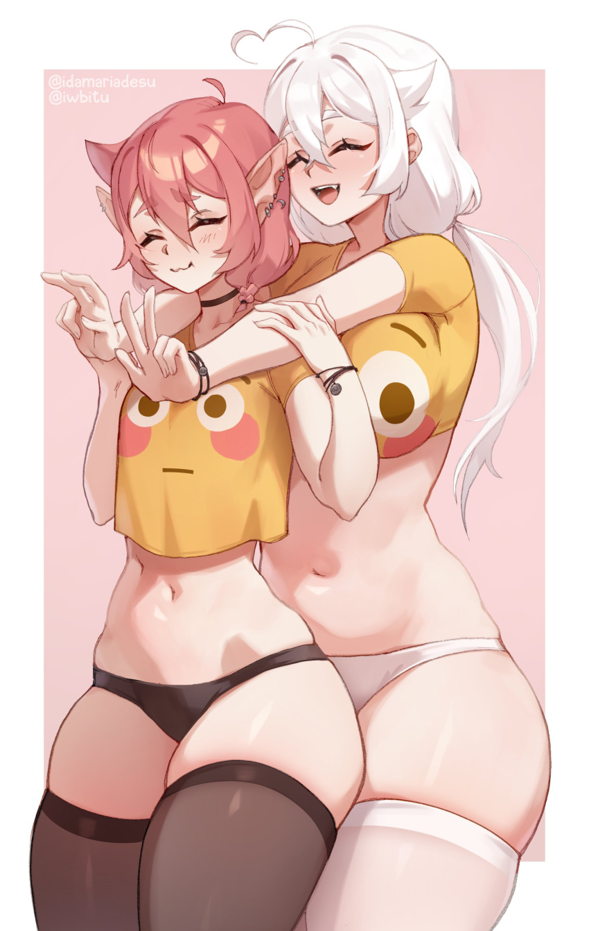 2girls absurdres black_panties black_thighhighs blush border breasts collaboration ebi_(idamaria) emoji english_commentary flushed_face_emoji flushed_face_emoji_shirt_(meme) hair_between_eyes highres hug hug_from_behind idamaria iwbitu large_breasts long_hair meme multiple_girls navel nyopu original panties pink_background plump pointy_ears simple_background smile thick_thighs thighhighs thighs twitter_username underwear white_border white_hair white_panties yuri