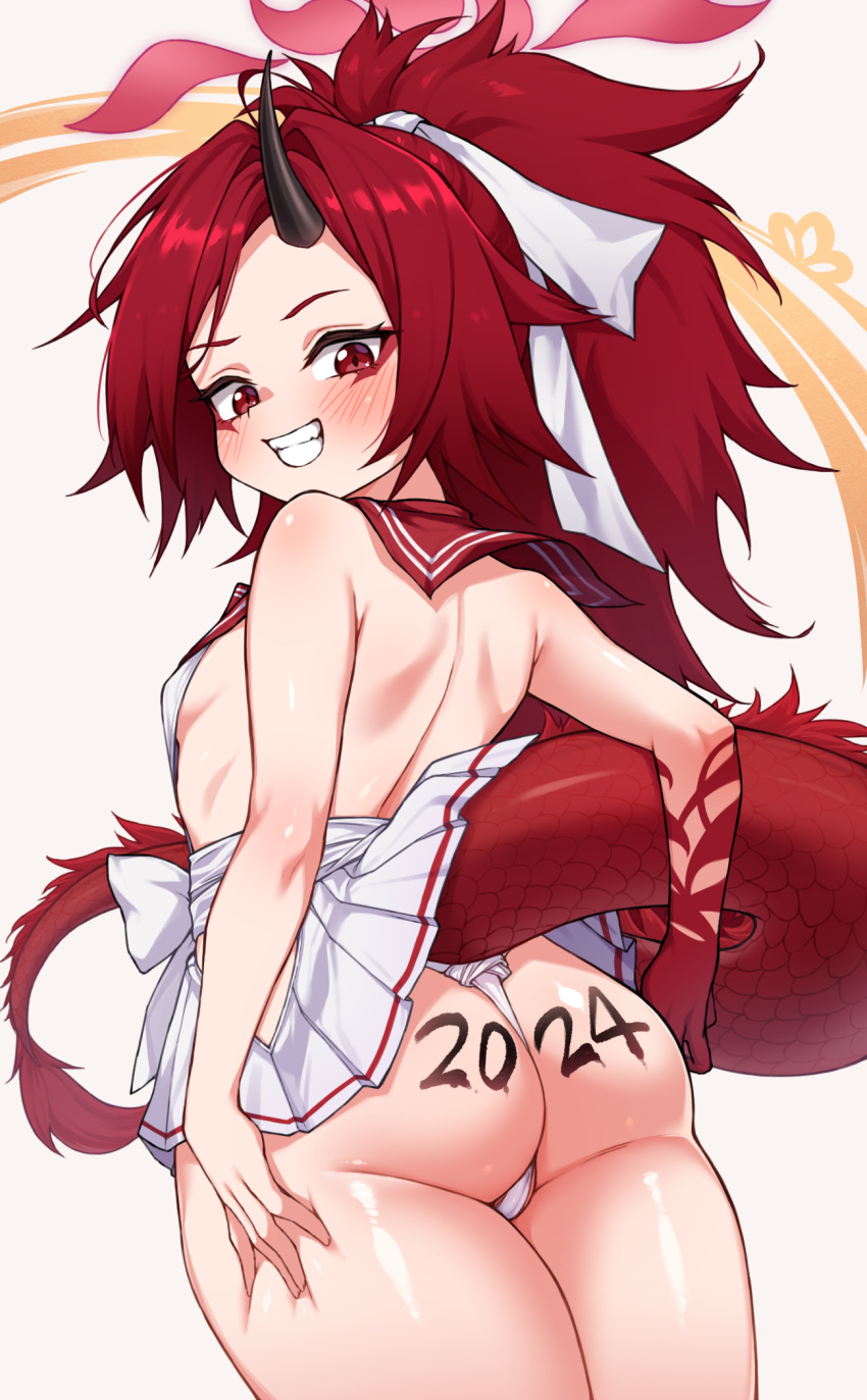 2024 ass black_horns blue_archive blush body_writing breasts chinese_zodiac cleanerjay cowboy_shot dragon_girl dragon_horns dragon_tail female from_behind halo hand_on_own_thigh highres horns long_hair panties pleated_skirt ponytail red_eyes red_hair red_halo red_sailor_collar red_tail renge_(blue_archive) sailor_collar school_uniform serafuku simple_background single_horn skirt small_breasts solo tail underwear white_background white_panties white_skirt year_of_the_dragon