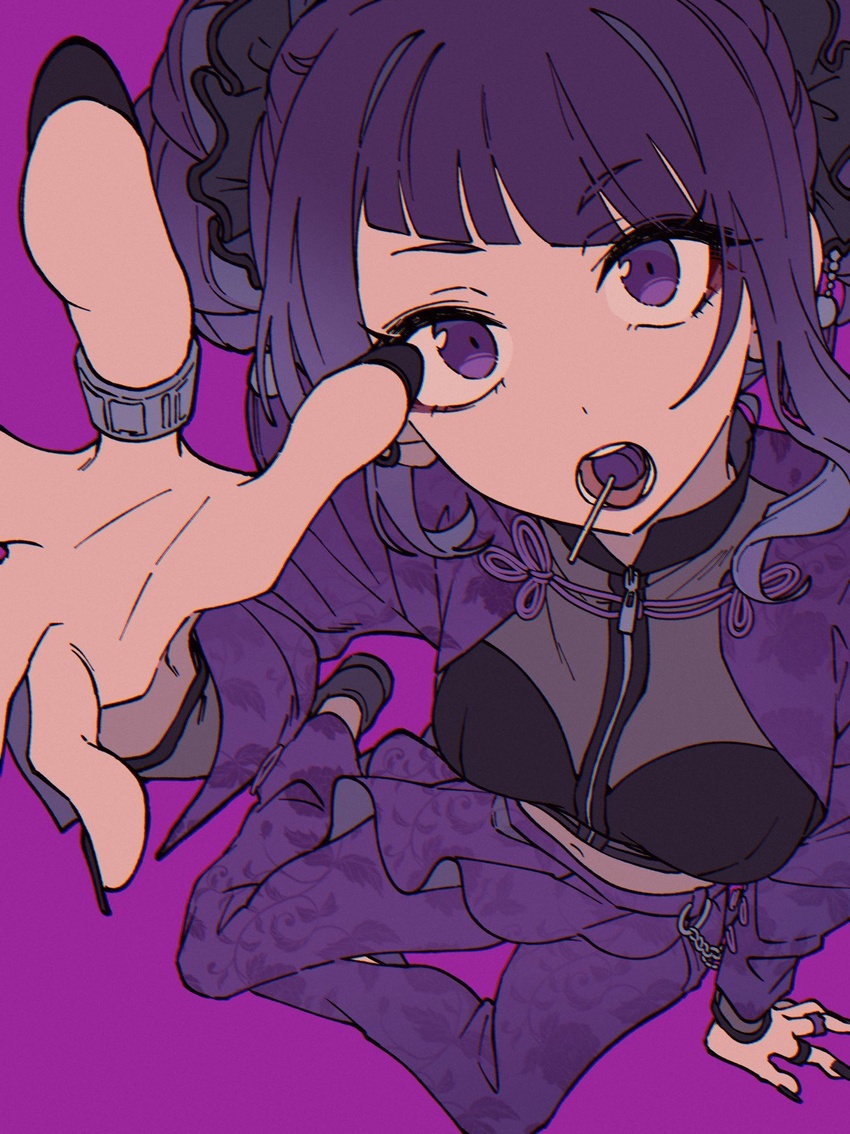 arm_support black_nails black_scrunchie black_shirt blunt_bangs breasts candy diagonal_bangs dot_nose female flat_color food food_in_mouth from_above full_body grey_footwear hair_ornament hair_scrunchie highres idolmaster idolmaster_shiny_colors jacket jewelry lollipop long_sleeves looking_at_viewer medium_breasts nail_polish navel niyororinpayamaru open_mouth pants purple_background purple_eyes purple_hair purple_jacket purple_pants purple_theme reaching reaching_towards_viewer ring scrunchie shirt shoes short_twintails simple_background sitting solo tanaka_mamimi twintails yokozuwari