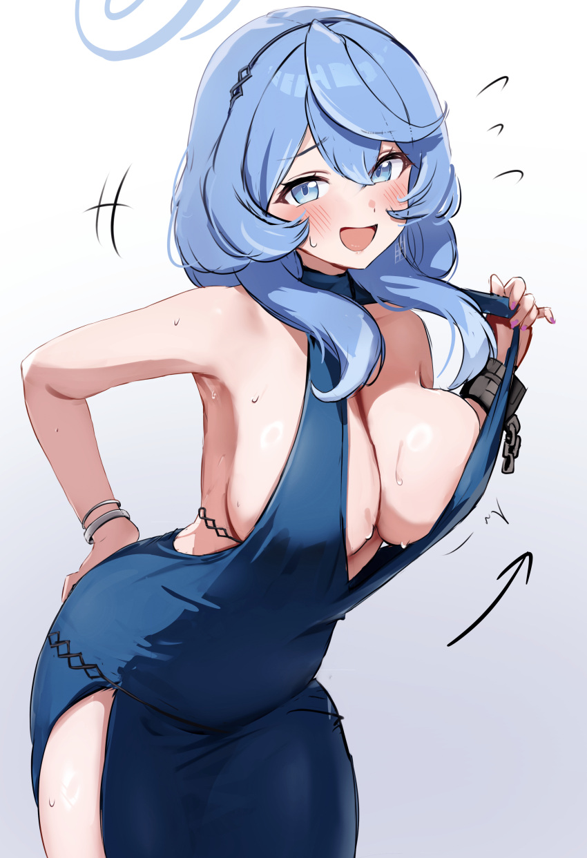 absurdres adjusting_dress ako_(blue_archive) ako_(dress)_(blue_archive) areola_slip armpits arrow_(symbol) backless_dress backless_outfit blue_archive blue_dress blue_eyes blue_hair blue_halo blush bracelet breasts cleavage commentary_request cuffs dress earrings female flying_sweatdrops gradient_background grey_background hair_between_eyes hairband halo hand_on_own_ass highres jewelry large_breasts leaning_forward lifting_own_clothes looking_at_viewer mochitsuki_karen motion_lines multiple_bracelets official_alternate_costume open_mouth plunging_neckline purple_nails shackles side_slit sideboob sideless_dress simple_background single_handcuff sleeveless sleeveless_dress smile solo standing strap_lift strap_pull sweat tongue white_background