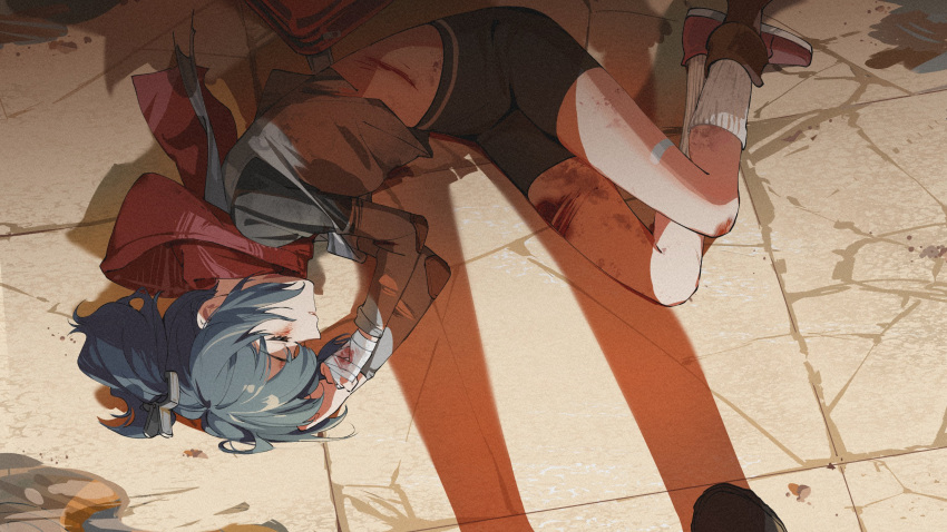 asymmetrical_footwear bandaged_hand bandages bandaid bandaid_on_leg bike_shorts blood blue_hair brown_footwear closed_eyes colphne_(girls'_frontline_2) female girls'_frontline girls'_frontline_2:_exilium gwendolynstore highres injury lying red_footwear scratches socks white_socks