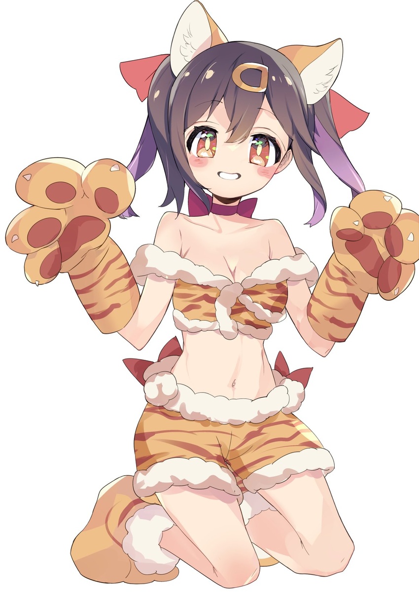 animal_ear_fluff animal_ears animal_hands animal_print bare_shoulders black_hair blush_stickers breasts brown_eyes claw_pose cleavage collarbone commentary female fur-trimmed_shorts fur_trim gloves grin hair_between_eyes hair_ornament hair_ribbon hairclip highres kneeling looking_at_viewer medium_breasts midriff mochitsuki_kagami multicolored_hair navel neck_ribbon onii-chan_wa_oshimai! oyama_mihari paw_gloves paw_shoes print_shorts purple_hair red_ribbon ribbon short_shorts shorts simple_background smile solo tiger_ears tiger_print twintails two-tone_hair white_background