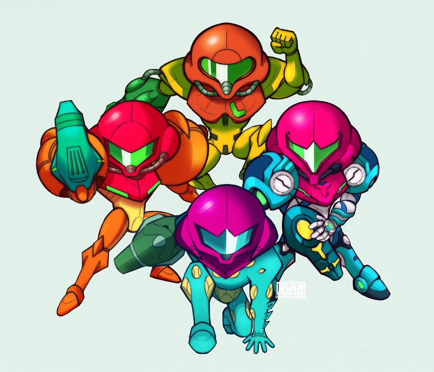 4girls arm_blade arm_cannon arm_support artist_name assault_visor blue_visor commentary english_commentary full_body fusion_suit green_visor helmet jumping looking_at_viewer metroid metroid_(classic) metroid_dread metroid_fusion multiple_girls multiple_persona on_one_knee power_suit power_suit_(metroid) raised_fist ryrycosmos samus_aran simple_background squatting super_metroid varia_suit weapon