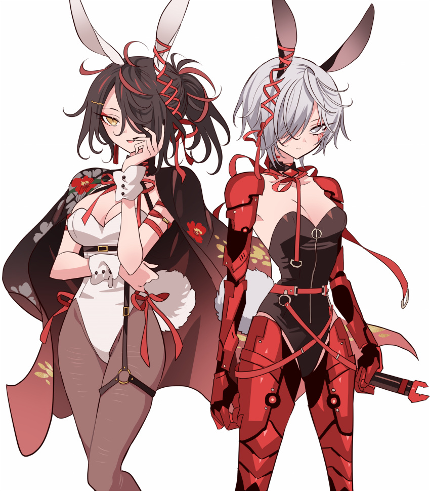 2girls android animal_ears arms_at_sides bad_id bad_pixiv_id black_cape black_choker black_hair black_leotard black_nails breasts cape choker cleavage closed_mouth detached_collar earrings eyeliner fake_animal_ears feet_out_of_frame floral_print fulgur_ovid genderswap_(mtf) grey_eyes grey_hair hair_over_one_eye hand_on_own_cheek hand_on_own_face hand_up highres holding holding_weapon jewelry leotard looking_at_viewer makeup mechanical_arms mechanical_legs medium_breasts meremero multicolored_hair multiple_girls nail_polish nijisanji nijisanji_en o-ring o-ring_thigh_strap pantyhose playboy_bunny ponytail rabbit_ears rabbit_tail red_eyeliner red_hair red_ribbon ribbon rule_63 short_hair simple_background smile standing strapless strapless_leotard streaked_hair tail tassel tassel_earrings thigh_strap virtual_youtuber vox_akuma weapon white_background white_leotard wrist_cuffs yellow_eyes