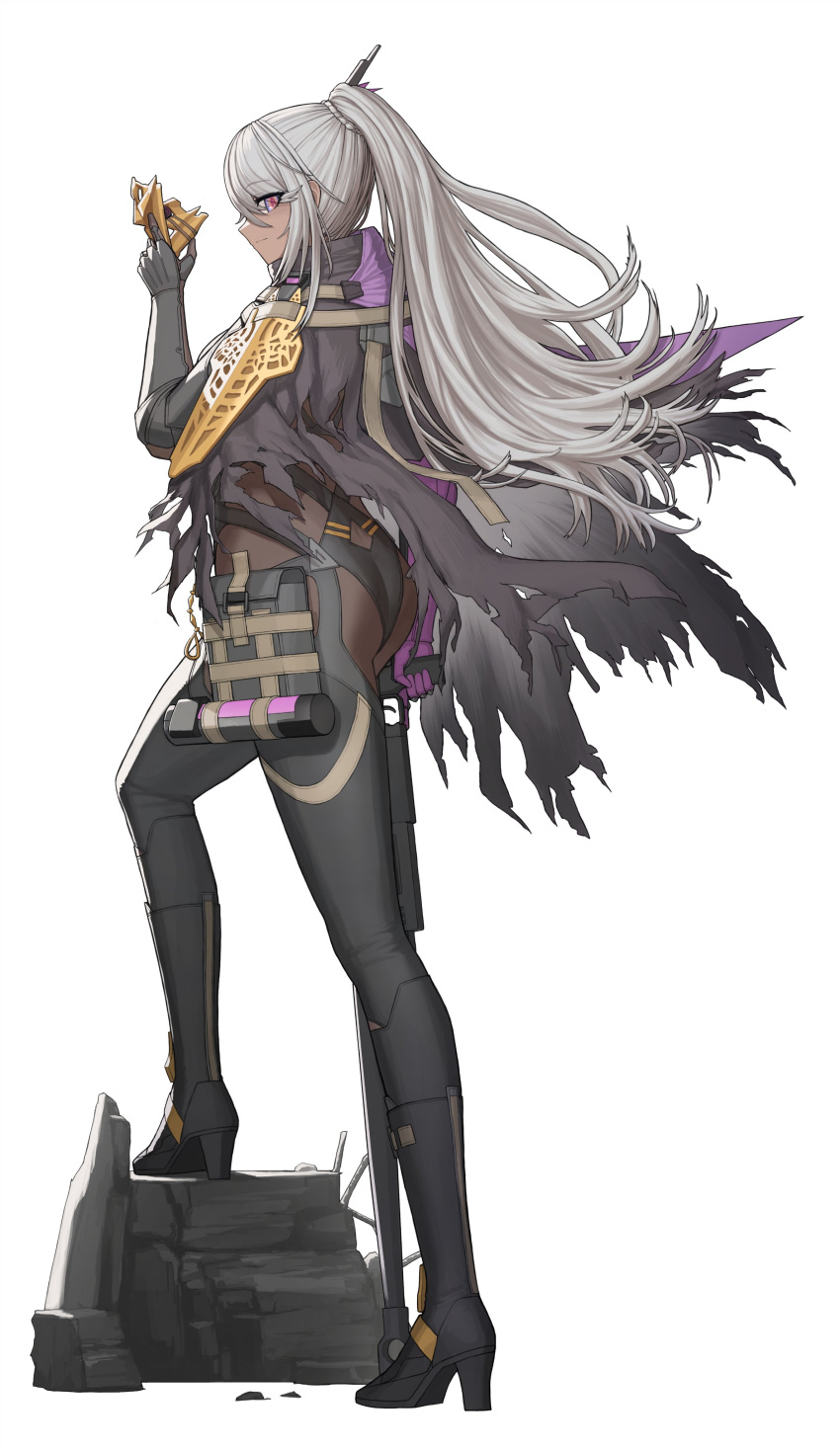 absurdres anti-materiel_rifle ass black_cloak black_footwear black_leotard bolt_action boots cheogtanbyeong cloak dark-skinned_female dark_skin female full_body girls'_frontline girls'_frontline_2:_exilium gun hand_up high_heel_boots high_heels highres holding holding_gun holding_mask holding_weapon leotard long_hair looking_at_viewer mask nemesis_(girls'_frontline_2) ponytail pouch purple_eyes rifle rubble sig_san_511 simple_background smile sniper_rifle solo torn_clothes trigger_discipline weapon white_background white_hair