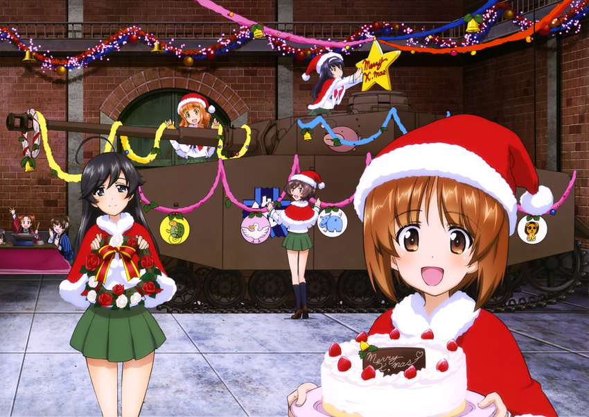 6+girls absurdres akiyama_yukari anglerfish artist_request bird black_eyes black_hair black_ribbon black_socks brown_hair cake capelet christmas christmas_ornaments duck emblem fish food girls_und_panzer green_skirt hair_ribbon hairband hat high_ponytail highres hippopotamus isuzu_hana kadotani_anzu kawashima_momo kneehighs koyama_yuzu leopon_(animal) long_hair looking_at_viewer merry_christmas military military_vehicle miniskirt motor_vehicle multiple_girls nishizumi_miho official_art ooarai_school_uniform open_mouth panzer_iv pleated_skirt red_hat reizei_mako ribbon santa_hat school_uniform short_hair skirt smile socks takebe_saori tank turtle twintails white_hairband