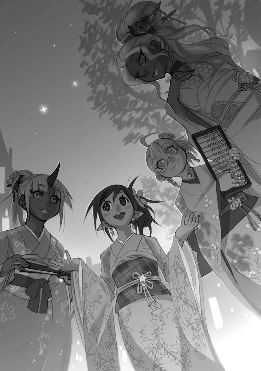 4girls abacus ahoge alternate_hairstyle ari_laharis basilisk choker commentary dark_elf dark_skin demon_mages dutch_angle earrings elf floral_print flower glasses hair_bun hair_flower hair_ornament highres horn japanese_clothes jason_robinson jewelry kimono long_hair monochrome multiple_girls obi pointy_ears ponytail sash semi-rimless_glasses short_hair side_ponytail smile tara_olphoros tess_tesryon under-rim_glasses wide_sleeves ziggy_kakziga