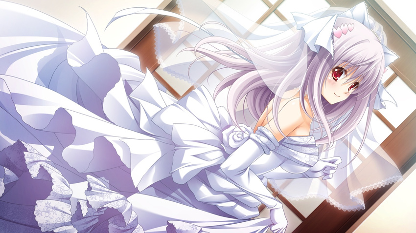 3-nin_iru! blush dress elbow_gloves female game_cg gloves long_hair mibuno_suzume purple_hair red_eyes smile suzui_narumi wedding_dress