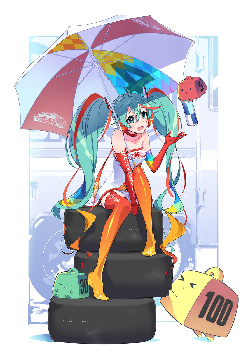 >_< absurdres aqua_eyes aqua_hair arm_support bare_shoulders between_legs boots can choker closed_eyes commentary creature dress drink_can elbow_gloves eyeliner female floating garter_straps gloves goodsmile_racing gradient_legwear hair_between_eyes hand_between_legs hatsune_miku headphones highres long_hair looking_away makeup multicolored_clothes multicolored_gloves multicolored_hair multicolored_legwear official_art open_mouth orange_footwear orange_thighhighs panties pantyshot race_queen racing_miku racing_miku_(2016) second-party_source short_dress sitting sitting_on_object soda_can solo strapless strapless_dress thigh_boots thighhighs tire twintails umbrella underwear very_long_hair vocaloid weights white_dress yoneyama_mai