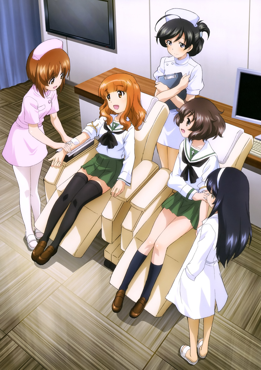 5girls absurdres akiyama_yukari artist_request black_eyes black_hair black_socks black_thighhighs blood_donation blouse brown_eyes brown_hair doctor girls_und_panzer green_skirt hairband hand_in_pocket hat highres indoors isuzu_hana lab_coat long_hair miniskirt multiple_girls nishizumi_miho nurse nurse_cap official_art ooarai_school_uniform open_mouth orange_hair pleated_skirt reizei_mako school_uniform serafuku shirt short_hair sitting skirt smile socks takebe_saori thighhighs white_hairband white_shirt zettai_ryouiki