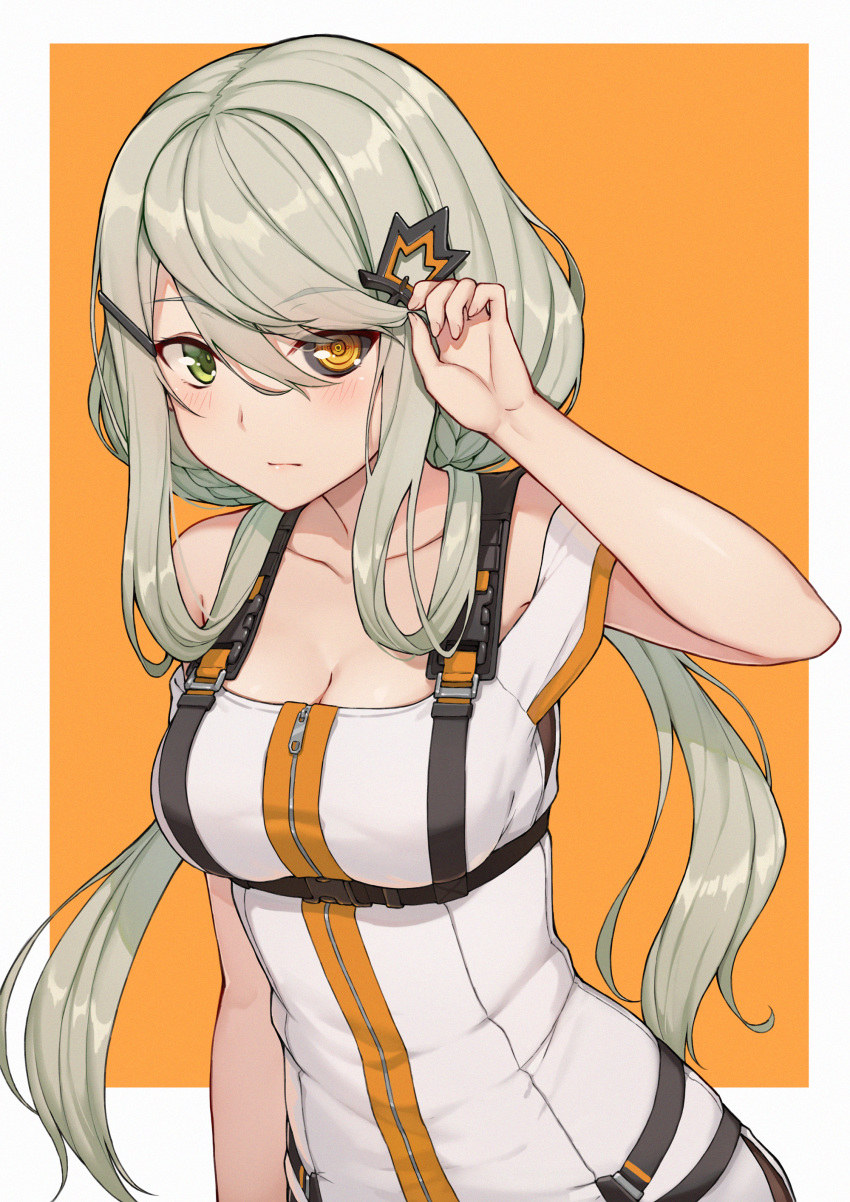 absurdres adjusting_hair arm_at_side artificial_eye bare_shoulders black_sclera blush braid breasts buckle cleavage closed_mouth collarbone colored_sclera commentary dress female girls'_frontline green_eyes hair_ornament hairclip harness heterochromia highres leaning_forward long_hair looking_at_viewer low_twintails mechanical_eye medium_breasts mismatched_sclera orange_background outside_border short_dress sidelocks simple_background solo strap strapless strapless_dress symbol-shaped_pupils tac-50_(girls'_frontline) terras twintails upper_body yellow_eyes zipper