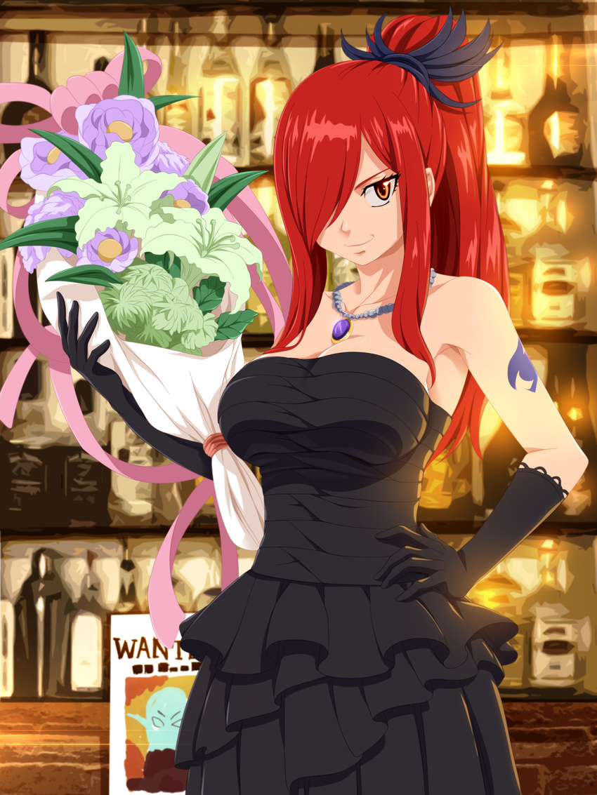 absurdres arm_tattoo bare_shoulders black_dress black_gloves bouquet breasts brown_eyes cleavage commentary dress english_commentary erza_scarlet fairy_tail female flower frilled_dress frills gloves hair_over_one_eye hair_ribbon hand_on_own_hip highres jewelry large_breasts long_hair looking_at_viewer necklace planeptune ponytail red_hair ribbon solo strapless strapless_dress tattoo