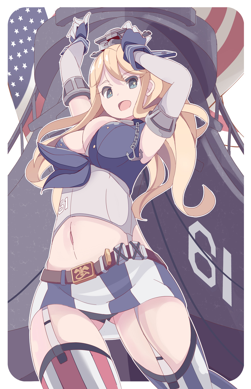 absurdres american_flag arms_up ass_visible_through_thighs blonde_hair blue_eyes breasts commentary_request elbow_gloves female fingerless_gloves garter_straps gloves hand_on_headwear hat highres historical_name_connection iowa_(kancolle) kantai_collection large_breasts long_hair military_vehicle miniskirt name_connection navel object_namesake open_mouth phibonnachee ship skirt solo star-shaped_pupils star_(symbol) striped_clothes striped_thighhighs symbol-shaped_pupils thighhighs uss_iowa_(bb-61) vehicle_and_personification warship watercraft