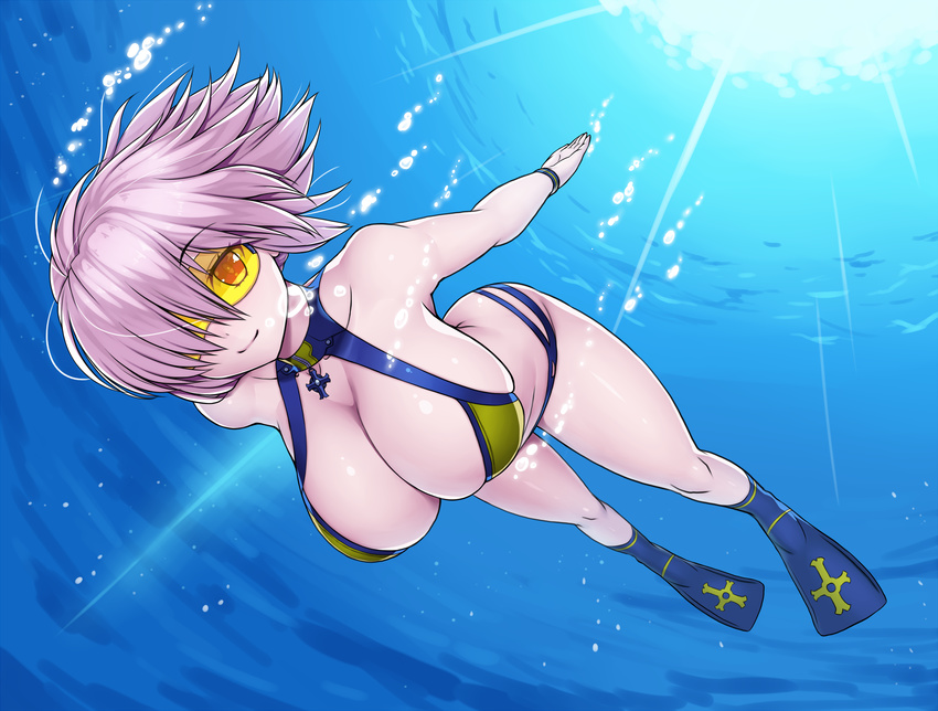 arm_at_side asamura_hiori beach bikini blush breasts cleavage closed_mouth commentary_request day fate/grand_order fate_(series) female full_body hair_over_one_eye highres large_breasts mash_kyrielight mash_kyrielight_(dive_to_blue) medium_hair navel official_alternate_costume purple_eyes purple_hair smile solo stomach submerged swimsuit underwater