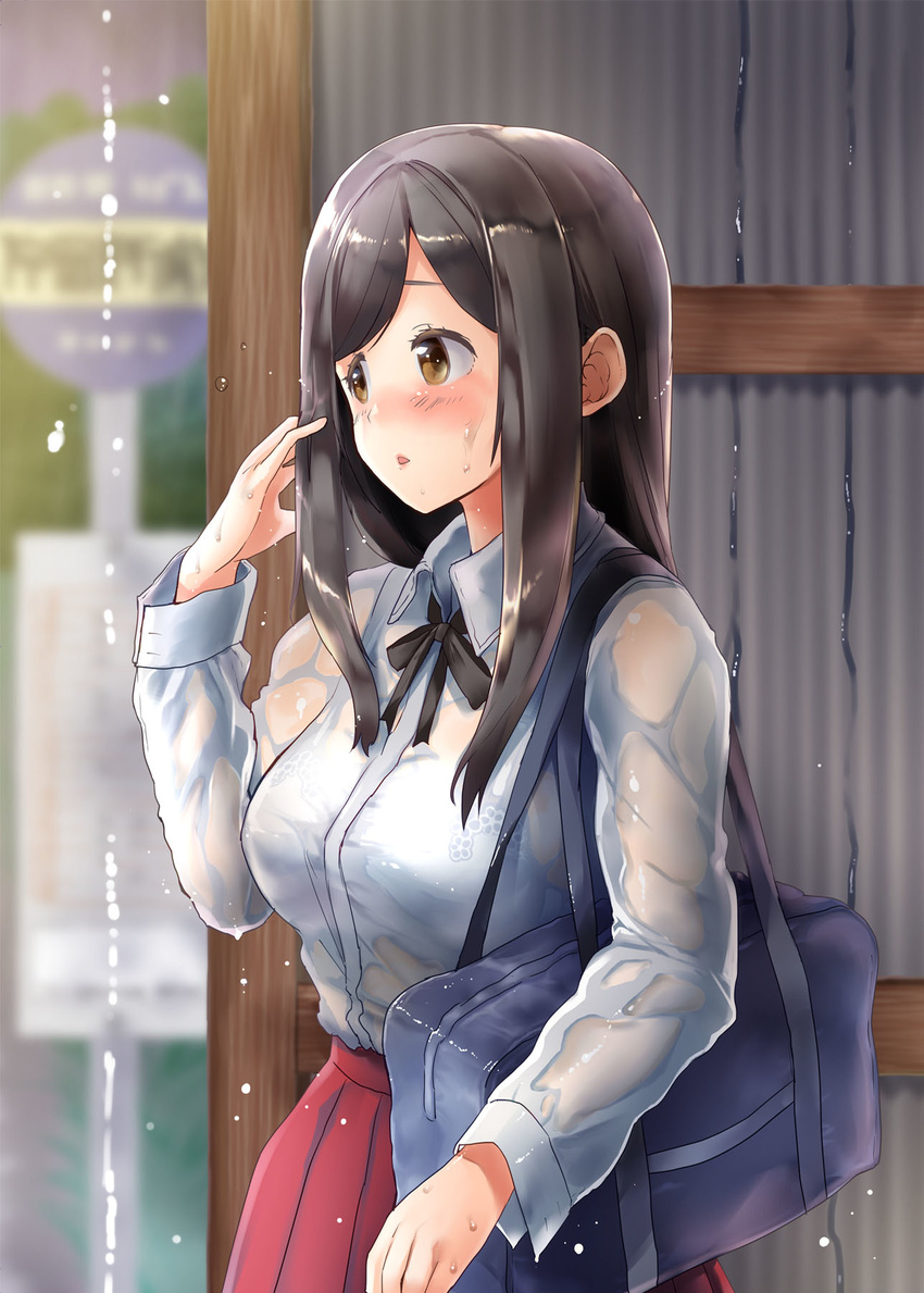 black_hair blush bra breasts collared_shirt female highres konsui_onaho:_nakadashi_kozukuri_hamehame_life large_breasts long_hair long_sleeves looking_away original outdoors over_shoulder parted_lips rain red_skirt school_bag school_uniform see-through sign skirt solo standing triangle! water wet wet_clothes yellow_eyes