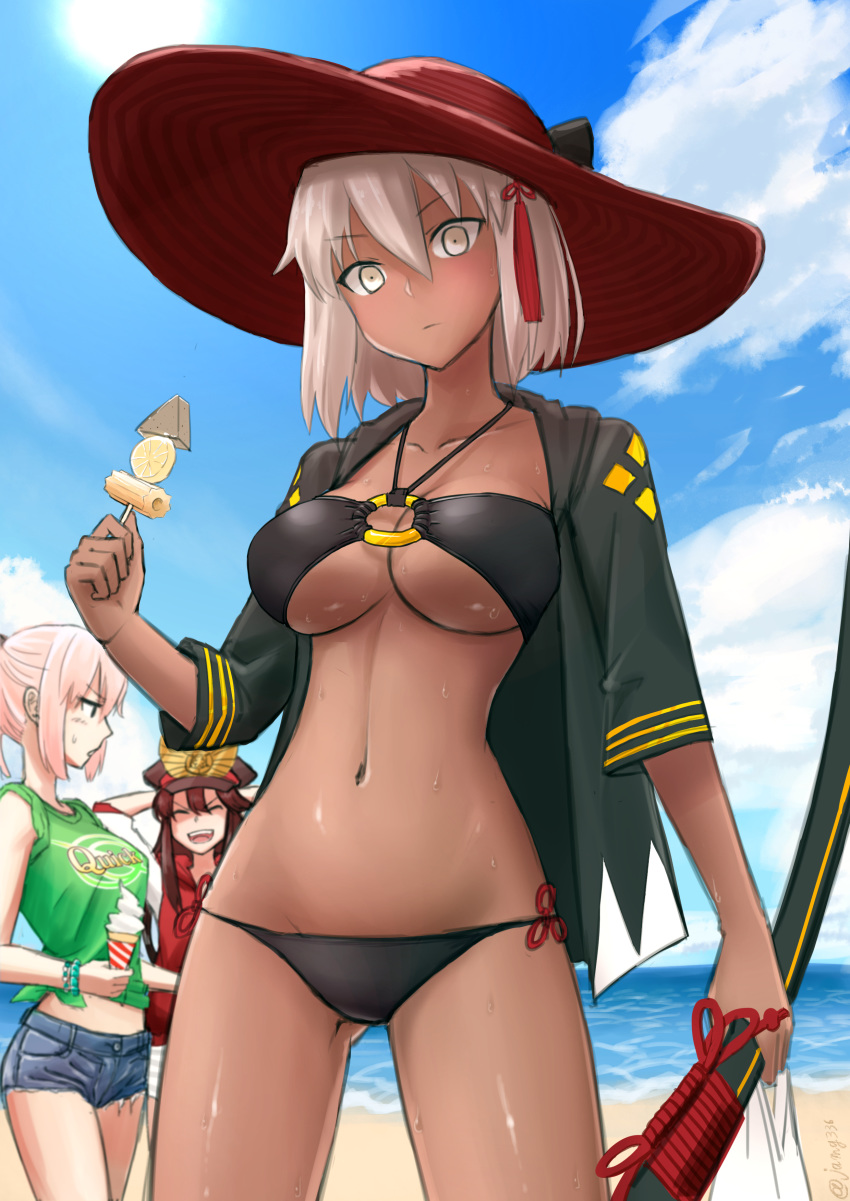 3girls absurdres ahoge bad_id bad_pixiv_id black_bow black_hair bow breasts commentary_request dark-skinned_female dark_skin fate/grand_order fate_(series) hair_between_eyes hat highres holding holding_sword holding_weapon jacket jamg336 katana letterman_jacket long_hair medium_breasts multiple_girls navel o-ring o-ring_top oda_nobunaga_(fate) oda_nobunaga_(swimsuit_berserker)_(fate) oda_nobunaga_(swimsuit_berserker)_(first_ascension)_(fate) okita_souji_(fate) okita_souji_(koha-ace) okita_souji_alter_(fate) okita_souji_alter_(first_ascension)_(fate) open_mouth outdoors peaked_cap pink_hair quick_shirt smile sword very_long_hair weapon white_hair yellow_eyes