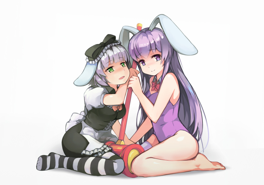 2girls animal_ears apron bare_legs bare_shoulders barefoot black_dress bow commentary_request dress erina_(rabi-ribi) grey_hair irisu_(rabi_ribi) leotard long_hair mallet multiple_girls nezumi_(mouseto) pantyhose playboy_bunny purple_eyes purple_hair purple_leotard rabbit_ears rabbit_girl rabi-ribi ribbon short_hair single_thighhigh sitting smile striped_clothes striped_pantyhose thighhighs very_long_hair white_legwear