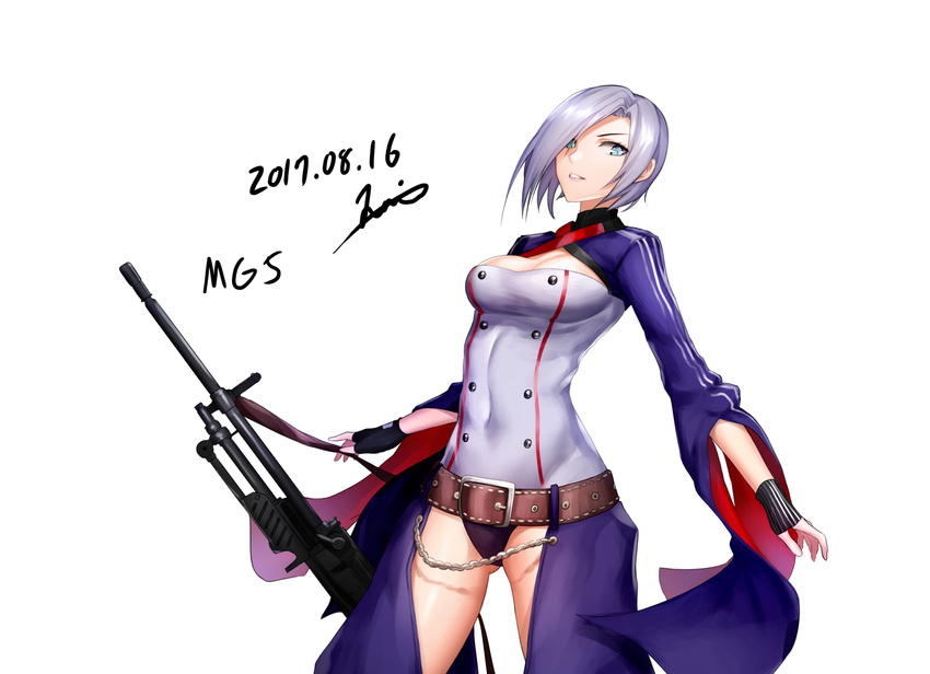 artist_name bad_id bad_pixiv_id belt blue_eyes breasts character_name cleavage commentary_request cropped dated female girls'_frontline grey_hair gun highres holding holding_gun holding_weapon jai_(whany1998) large_breasts looking_at_viewer mg5_(girls'_frontline) parted_lips short_hair signature smile solo teeth weapon