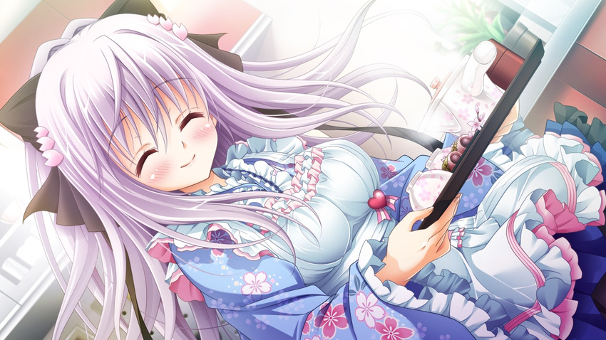 3-nin_iru! blush closed_eyes female food game_cg japanese_clothes kimono long_hair mibuno_suzume purple_hair smile suzui_narumi tray