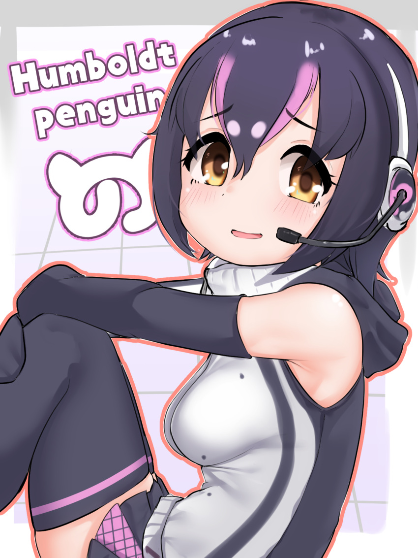 black_gloves black_hair darus5 doughnut eating female food gloves highres humboldt_penguin_(kemono_friends) kemono_friends kemono_friends_v_project looking_at_viewer microphone multicolored_hair shirt short_hair simple_background skirt smile solo virtual_youtuber white_shirt yellow_eyes