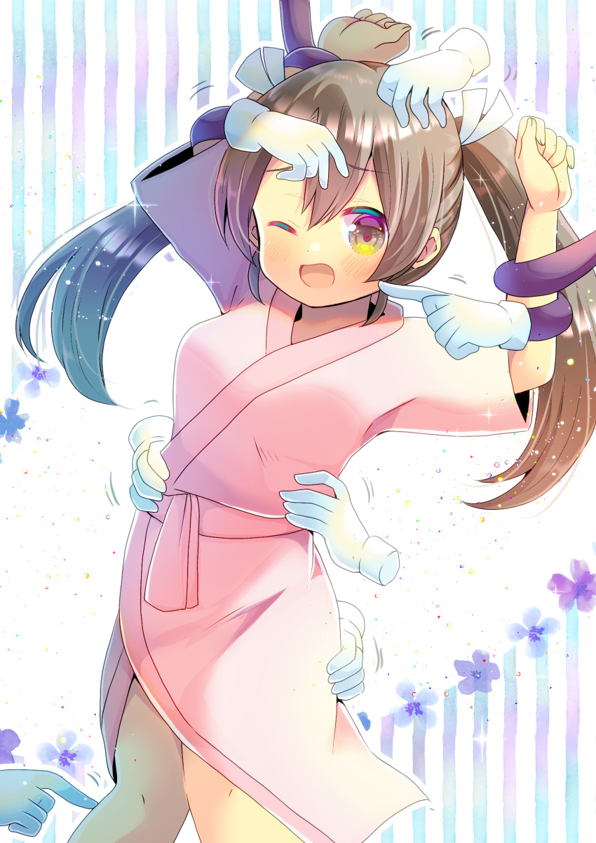 absurdres arm_up blue_flower blush breasts brown_hair commentary_request commission disembodied_hand female floral_background flower hair_between_eyes highres japanese_clothes kantai_collection kimono kou_hiyoyo long_hair looking_at_viewer one_eye_closed open_mouth pink_kimono pixiv_commission purple_flower restrained short_sleeves small_breasts standing striped striped_background tickling tickling_ass tickling_face tickling_legs tickling_sides twintails vertical_stripes wide_sleeves zuikaku_(kancolle)