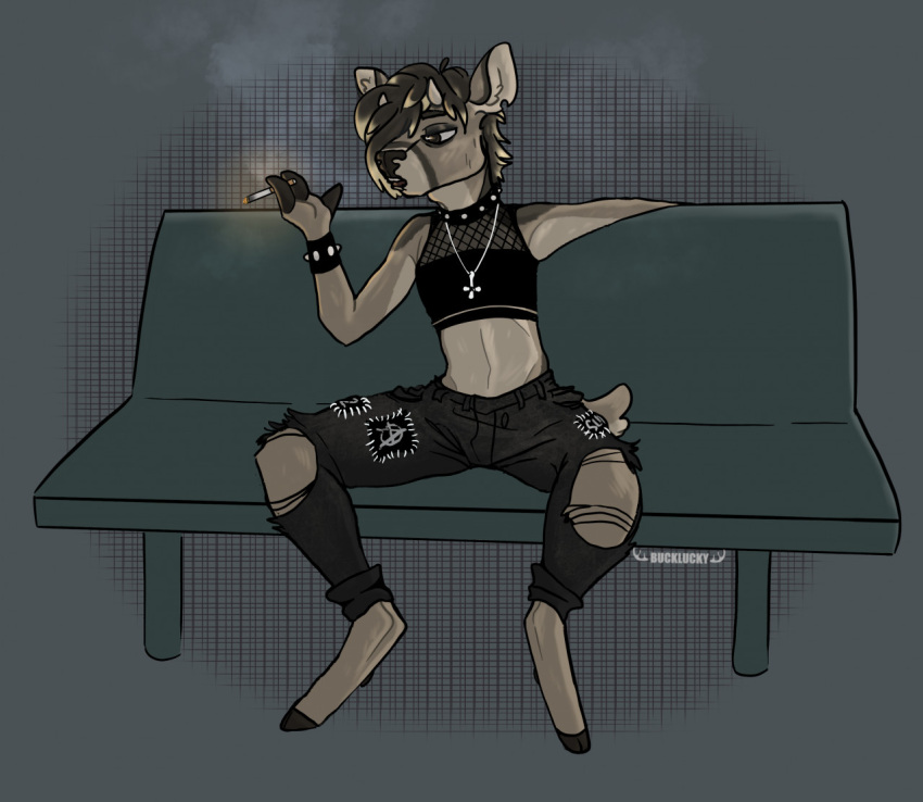 anthro artist_name black_bottomwear black_clothing black_collar black_pants black_topwear bottomwear brown_body brown_fur brown_hair bucklucky cigarette clothed clothing collar cross deer denim denim_bottomwear denim_clothing front_view full-length_portrait fur hair holding_cigarette holding_object inner_ear_fluff jeans jewelry lucky_(bucklucky) male mammal narrowed_eyes necklace new_world_deer open_mouth pants portrait simple_background sitting smoking smoking_cigarette solo spread_legs spreading tan_body tan_fur tan_inner_ear_fluff topwear torn_bottomwear torn_clothing torn_pants trans_(lore) trans_man_(lore) tuft white-tailed_deer