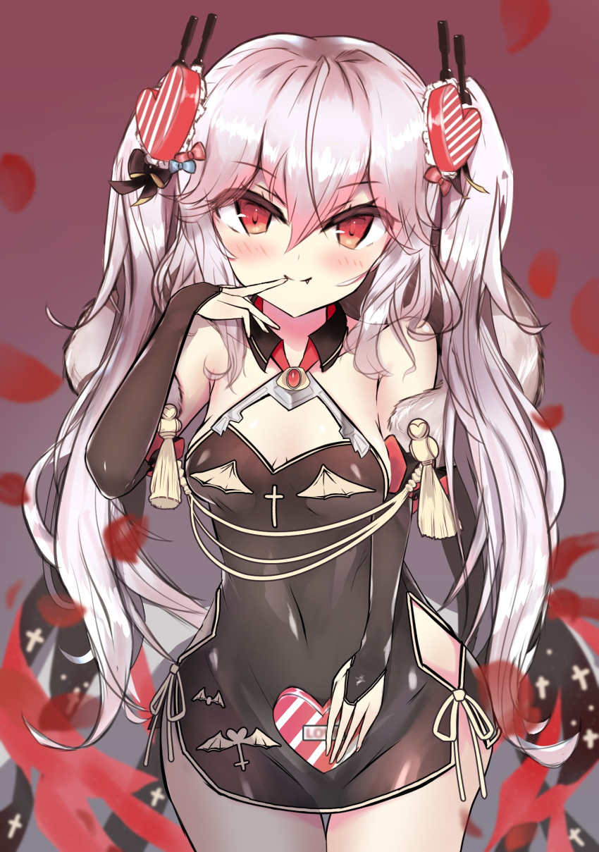 azur_lane bare_shoulders black_dress blush bow breasts china_dress chinese_clothes commentary_request detached_sleeves dress female grey_hair hagi0767 hair_between_eyes hair_ornament hairbow heart heart_hair_ornament highres long_hair looking_at_viewer oerba_yun_fang red_eyes smile solo twintails valentine vampire_(azur_lane) vampire_(the_breath_of_spring)_(azur_lane) very_long_hair