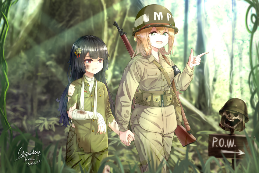 1boy 2021 2girls absurdres arm_sling arrow_(symbol) bad_end bandages belt black_hair blonde_hair blood blood_on_clothes bolt_action brown_eyes captured chousetsu_(chongvon) commentary_request dated defeat dirty empty_eyes english_text forest girls'_frontline green_eyes guadalcanal_(island) guadalcanal_campaign gun helmet highres holding_hands imperial_japanese_army injury jungle light_rays m1903_springfield military military_police military_uniform multiple_girls nature pointing pointing_to_the_side prisoner rainforest rifle sign signature size_difference skull soldier springfield_(girls'_frontline) sunbeam sunlight torn_clothes tree type_100_(girls'_frontline) uniform united_states_marine_corps weapon world_war_ii