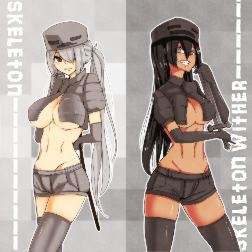 2girls at2. black_hair black_legwear blush bow_(weapon) breasts character_name cleavage covered_nipples elbow_gloves gloves grey_eyes grey_hair grey_legwear grin hat highres large_breasts long_hair midriff minecraft multiple_girls navel personification shorts skeleton_(minecraft) smile standing sword thighhighs twintails underboob weapon wither_skeleton_(minecraft)