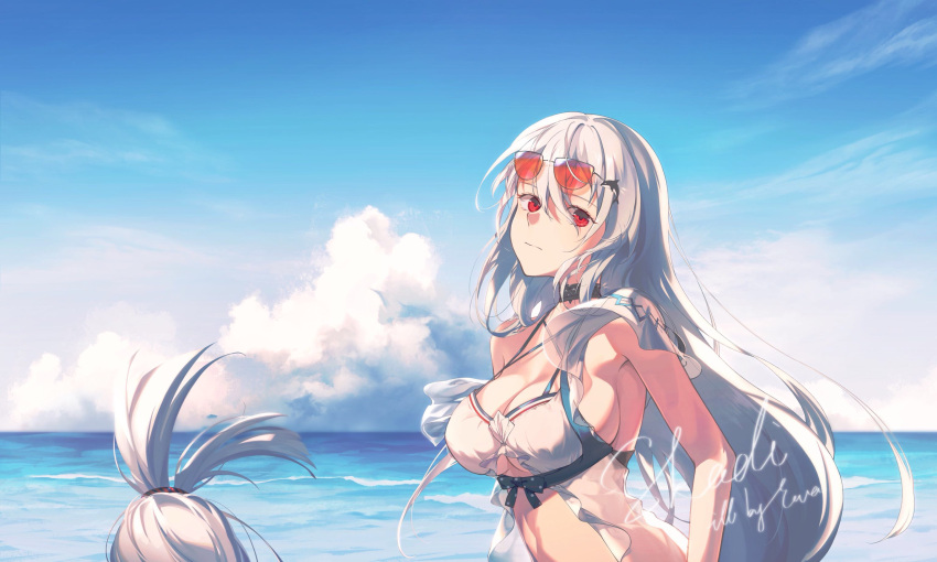 arknights bangs blue_sky breasts cleavage closed_mouth eva eyebrows_visible_through_hair eyewear_on_head female highres long_hair looking_at_viewer medium_breasts ocean_bottom official_alternate_costume red_eyes silver_hair skadi_(arknights) skadi_(waverider)_(arknights) sky solo sunglasses swimsuit upper_body very_long_hair water white_swimsuit