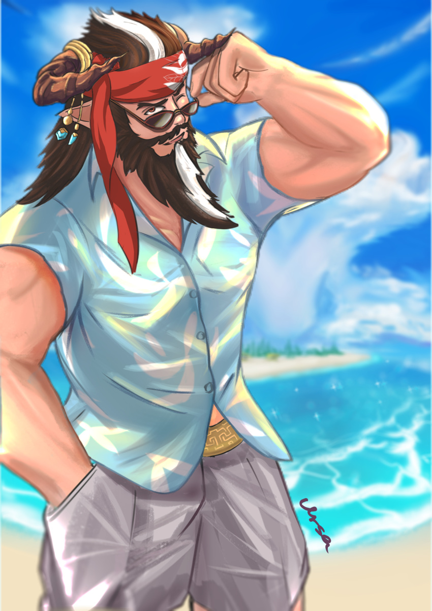 1boy absurdres bara beard blue_shirt blue_sky blurry blurry_background brown_eyes brown_horns cloud day draph facial_hair glasses granblue_fantasy grey_pants hair_ornament hand_up hawaiian_shirt headband highres horns kuma_(shungong) long_beard looking_at_viewer male_focus moustache multicolored_hair muscular muscular_male official_alternate_costume one_eye_closed open_mouth outdoors pants red_headband redluck shirt sky solo two-tone_hair