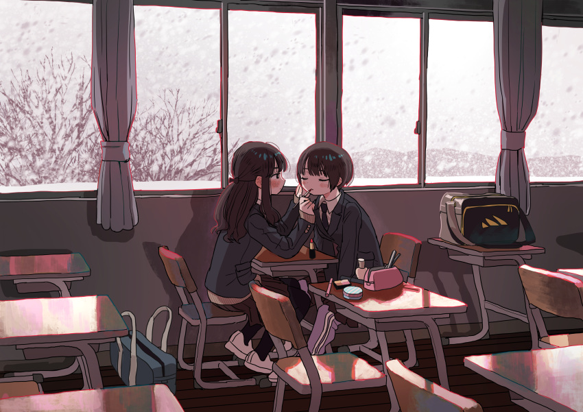 2girls absurdres applying_makeup bag black_hair blush classroom closed_eyes commentary cosmetics day english_commentary half_updo highres indoors lipstick lipstick_tube long_hair makeup multiple_girls one_side_up original school_uniform short_hair shoulder_bag sitting snow snowing window winter yuri zinbei