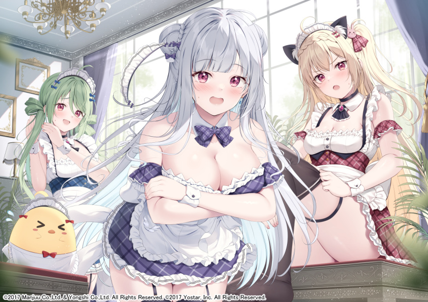 >_< 3girls alternate_costume animal_ears apron azur_lane black_garter_straps blonde_hair blush braid braided_bun breasts brown_thighhighs cat_ears cleavage comet_(azur_lane) cowboy_shot crescent_(azur_lane) cygnet_(azur_lane) detached_collar double_bun dress enmaided fake_animal_ears framed_breasts frilled_apron frills garter_straps green_hair grey_hair hair_bun indoors large_breasts long_hair looking_at_viewer maid maid_headdress manjuu_(azur_lane) multiple_girls official_art open_mouth plaid plaid_dress purple_dress red_dress red_eyes short_dress sitting small_breasts thighhighs tomoo_(tomo) waist_apron