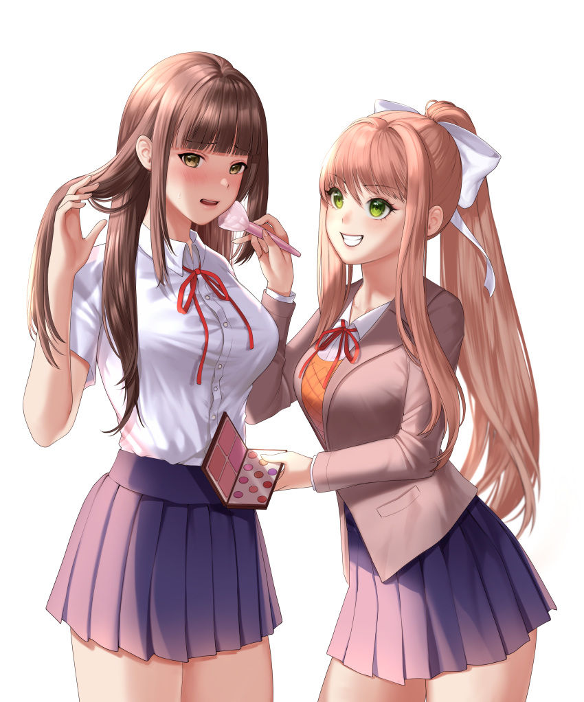 2girls absurdres blue_skirt blunt_bangs blush breasts brown_hair commentary doki_doki_literature_club dress_shirt english_commentary genderswap_(mtf) green_eyes grey_jacket grin hair_ribbon highres jacket large_breasts long_hair long_sleeves looking_at_another makeup_brush monika_(doki_doki_literature_club) multiple_girls neck_ribbon parted_lips pleated_skirt ponytail potetos7 protagonist_(doki_doki_literature_club) red_eyes red_ribbon ribbon rule_63 school_uniform shirt short_sleeves sidelocks simple_background skirt smile teeth white_background white_ribbon white_shirt wing_collar yellow_eyes yuri