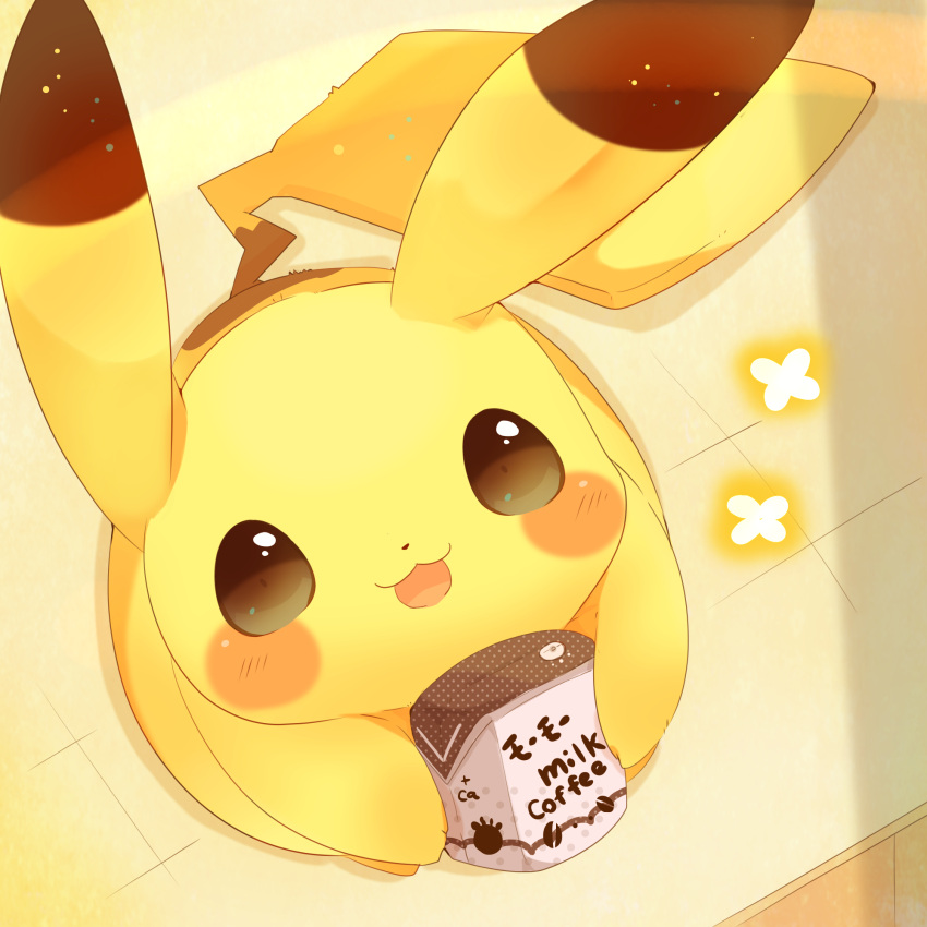 :3 blush_stickers brown_eyes coffee_milk commentary_request drink from_above happy highres holding holding_drink looking_up milk milk_carton no_humans open_mouth pikachu pokemon pokemon_(creature) smile solo ushiina