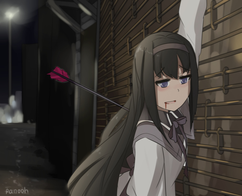 akemi_homura akemi_homura_(magical_girl) alley arm_up arrow_(projectile) artist_name black_hair black_hairband black_shirt blood blood_from_mouth capelet collared_shirt commentary death dying english_commentary female hair_between_eyes hairband highres injury jitome joji_miller leaning leaning_on_object long_hair magical_girl mahou_shoujo_madoka_magica mahou_shoujo_madoka_magica_(anime) neck_ribbon outdoors pan-ooh parody purple_capelet purple_eyes purple_ribbon ribbon shirt slow_dancing_in_the_dark_(song) tsurime vest wall white_vest wing_collar