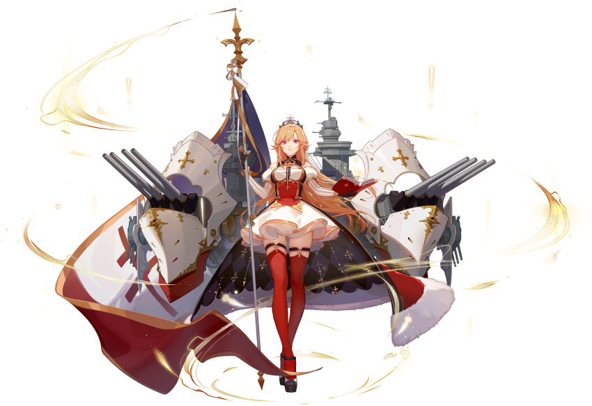 ask_(askzy) aura azur_lane bare_shoulders black_footwear black_gloves book breasts cannon cape cleavage closed_mouth cross crossed_legs crown detached_sleeves dress female flag free_french_flag french_flag full_body fur_trim gloves gold_trim hair_ribbon half_gloves highres holding holding_book holding_flag jewelry juliet_sleeves long_hair long_sleeves looking_at_viewer maltese_cross medium_breasts off-shoulder_dress off_shoulder official_art open_book orange_hair puffy_detached_sleeves puffy_sleeves purple_eyes red_thighhighs ribbon richelieu_(azur_lane) rigging shoes sidelocks simple_background skindentation smile solo standing striped_sleeves thigh_strap thighhighs transparent_background turret two-barred_cross very_long_hair watson_cross white_dress zettai_ryouiki