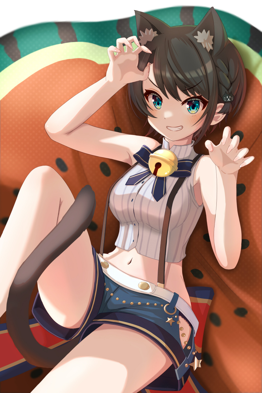 absurdres animal_ears banana_de_ikopon bell blue_eyes blue_ribbon braid brown_hair cat_ears cat_tail claw_pose denim denim_shorts female food fruit grin highres hololive knee_up looking_at_viewer official_alternate_costume official_alternate_hairstyle oozora_subaru oozora_subaru_(work) ribbon shirt short_hair short_shorts shorts sitting sleeveless sleeveless_shirt smile solo striped_clothes striped_shirt swept_bangs tail vertical-striped_clothes vertical-striped_shirt virtual_youtuber watermelon white_shirt