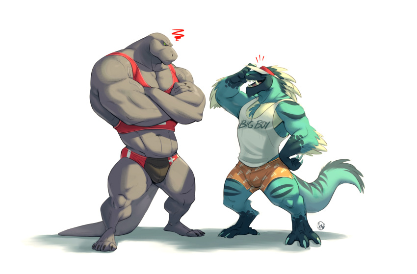 annoyed anthro avoid_posting bottomwear clothing crossed_arms deinonychus dinosaur dromaeosaurid duo extinct feathers furrybob grey_body hawke_(imfeelingbleu) headgear headwear hi_res komodo_dragon lizard male monitor_lizard multicolored_body muscular muscular_anthro muscular_male prehistoric_species red_clothing reptile scalie sharp_teeth shirt shorts simple_background swimwear tank_top teeth theropod topwear white_background