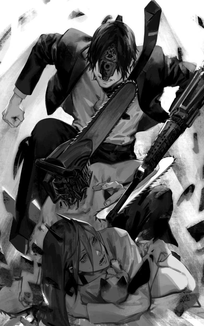 2boys action battle business_suit chainsaw chainsaw_man collared_shirt denji_(chainsaw_man) female formal greyscale gun gun_fiend_(chainsaw_man) highres horns long_hair monochrome multiple_boys necktie pants power_(chainsaw_man) seki_(fyfyfy) sharp_teeth shirt short_hair spoilers suit teeth weapon