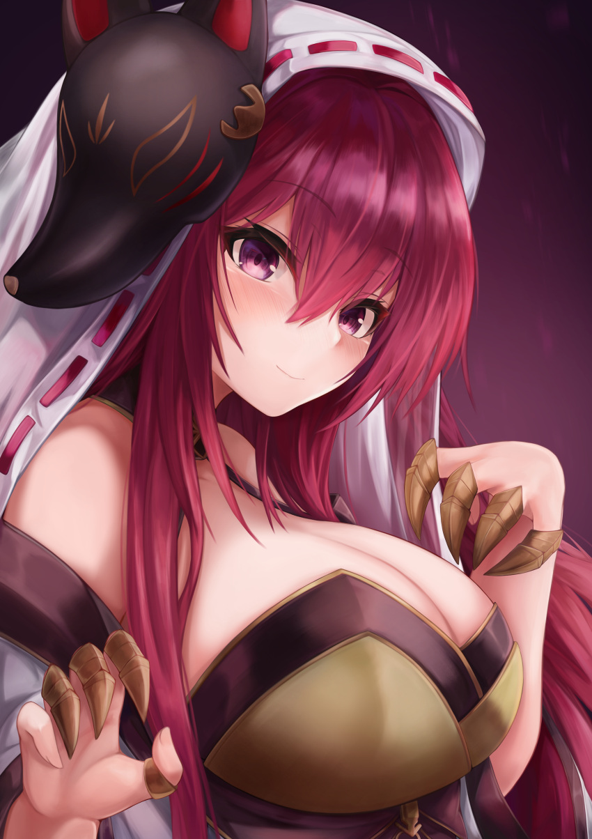 absurdres azur_lane bare_shoulders breasts chitose_(azur_lane) claw_ring cleavage female fox_mask hair_between_eyes highres large_breasts long_hair mask mask_on_head off_shoulder purple_eyes red_hair ryara shikigami solo upper_body