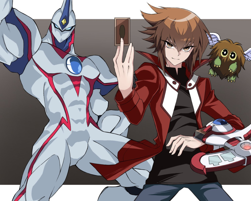 1other 2boys black_shirt blue_eyes blue_pants brown_hair card duel_academy_uniform_(yu-gi-oh!_gx) duel_disk duel_monster elemental_hero_neos hair_between_eyes high_collar highres holding holding_card jacket looking_at_viewer mixed-language_commentary multicolored_hair multiple_boys no_mouth pants red_jacket shirt torakami14 two-tone_hair winged_kuriboh wings yu-gi-oh! yu-gi-oh!_gx yuki_judai