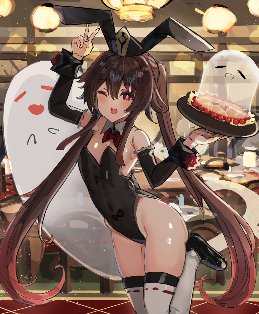 ;d animal_ears arm_up bare_shoulders black_leotard boo_tao_(genshin_impact) brown_hair closed_eyes commentary_request female genshin_impact ghost highres hu_tao_(genshin_impact) leotard long_sleeves one_eye_closed open_mouth plate playboy_bunny rabbit_ears rabbit_tail red_eyes smile solo tail the_olphy thighhighs twintails v white_thighhighs